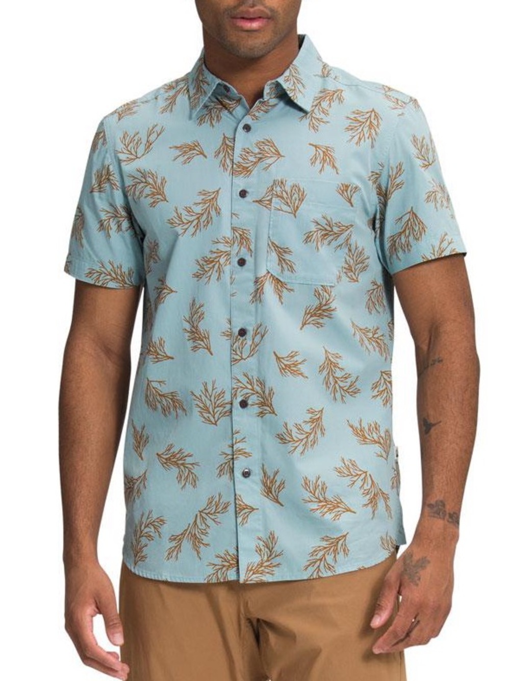 The North Face Blue Short Sleeve Button-Down with brown Leaf Print sz XL